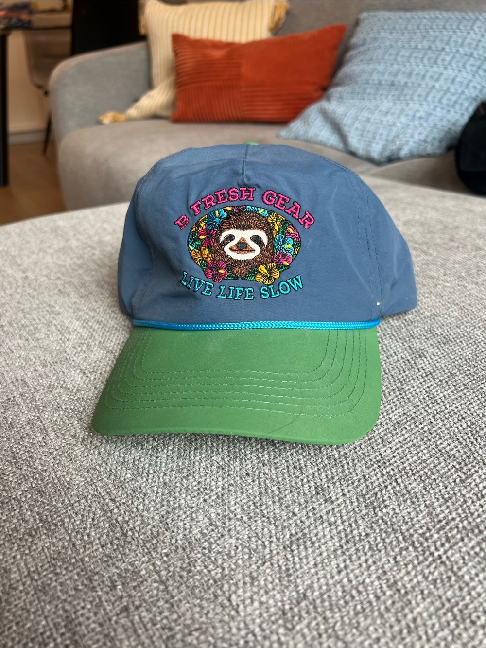 Live Life Slow Embroidered Sloth Cap - Blue & Green
